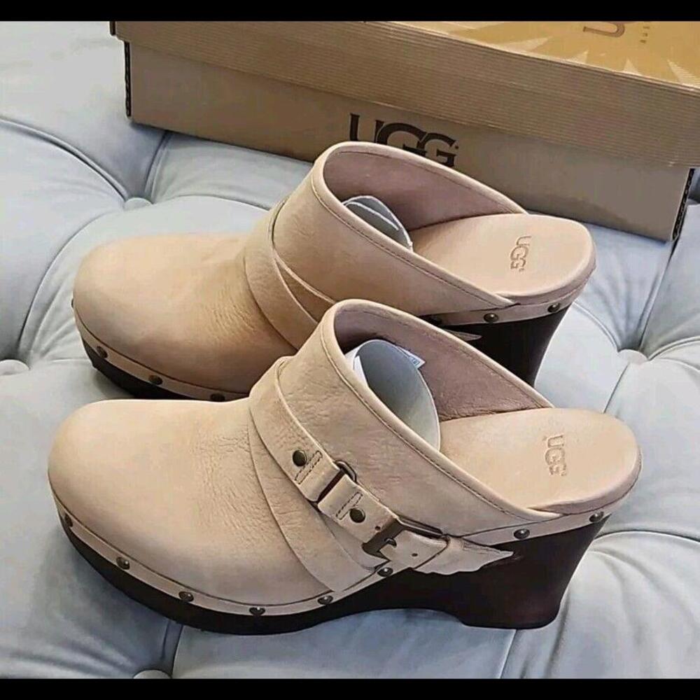 UGG Natalee Beige Leather Buckle Slip On Studded Platform Mules Womens Shoes 11 - Picture 11 of 15